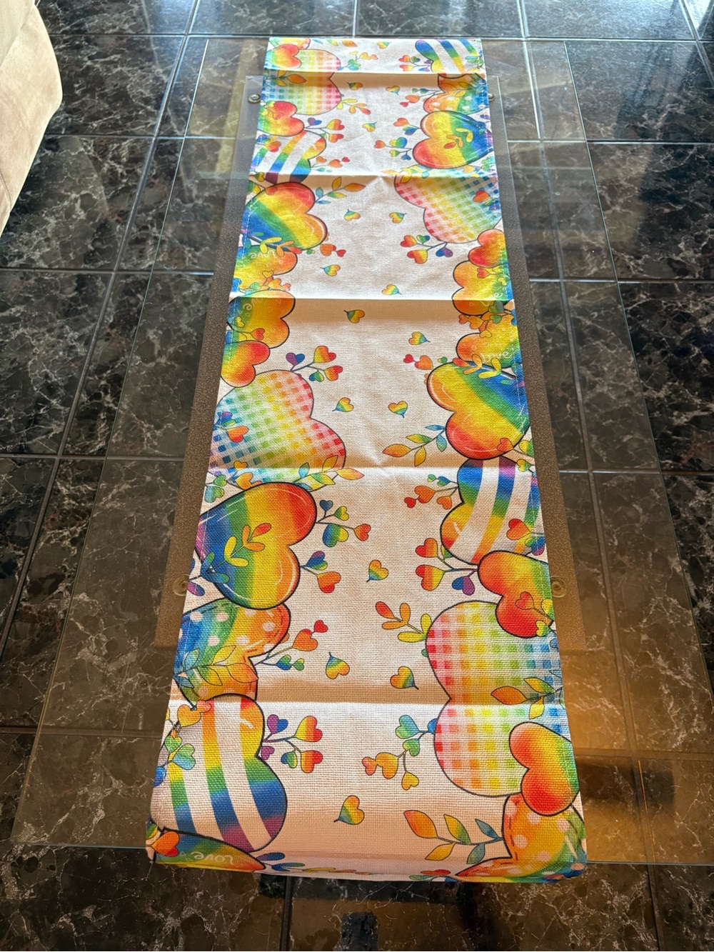 Multicolor Rainbow Heart Table Runner - Bright Party Linen. Size 13”X 72”